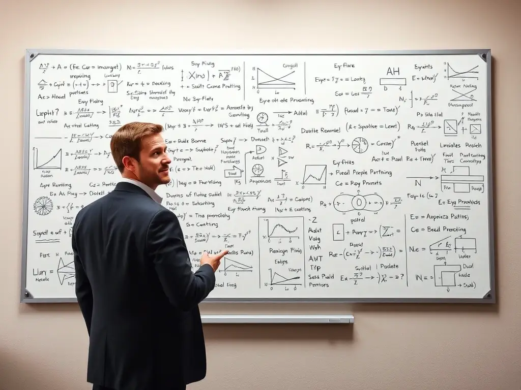 A photo of a man in a suit, standing in front of a whiteboard covered in philosophical equations and diagrams. He is gesturing and explaining a concept.