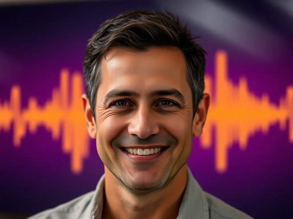 A professional headshot of Alonso, a sound artist and philosopher, smiling warmly and looking directly at the camera. The background is a blurred image of a sound wave visualization.
