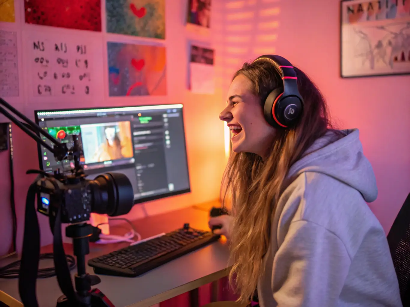 A photo of a young woman with headphones on, working on sound editing software in a studio environment. She is focused and smiling slightly.